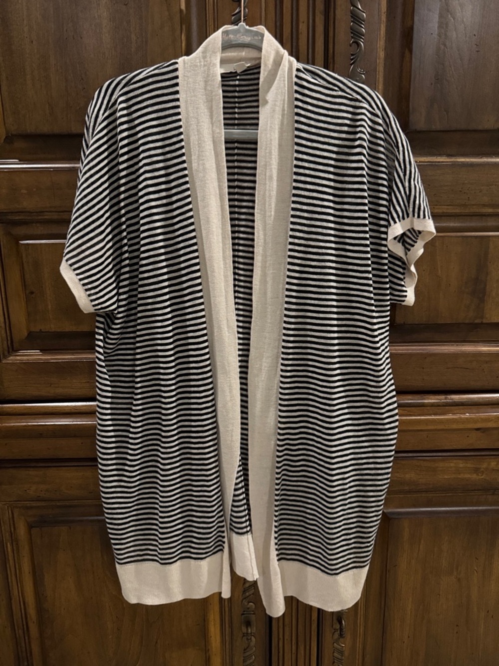 LOFT Striped Open-Front Cardigan with Tan Trim - Small